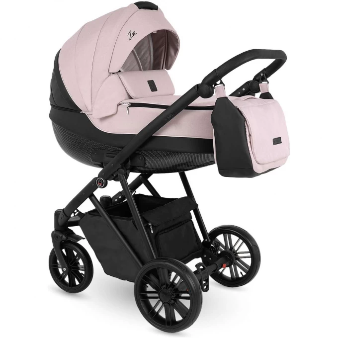 Коляска 2 в 1 CAMARELO ZEO'23-14, розовый жаккард-чёрная экокожа ZEO//23-14